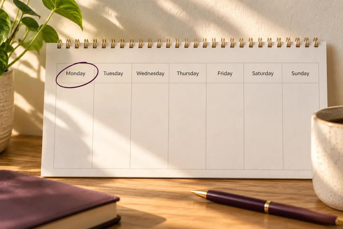 A desk planner showing the days of the week, with Monday circled in plum ink
